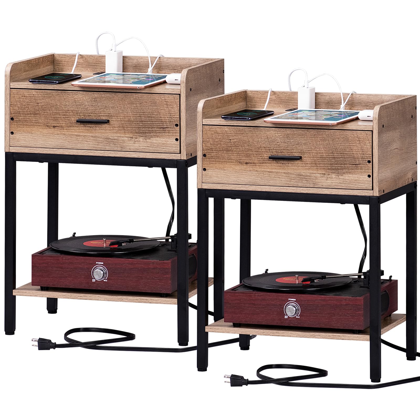 Lerliuo Nightstands Set Of 2 With Charging Station And Usb Ports, 3-Tier End Side Table With Storage Drawer And Shelf, Modern Bedside Night Stand For Bedroom, Greige And Black